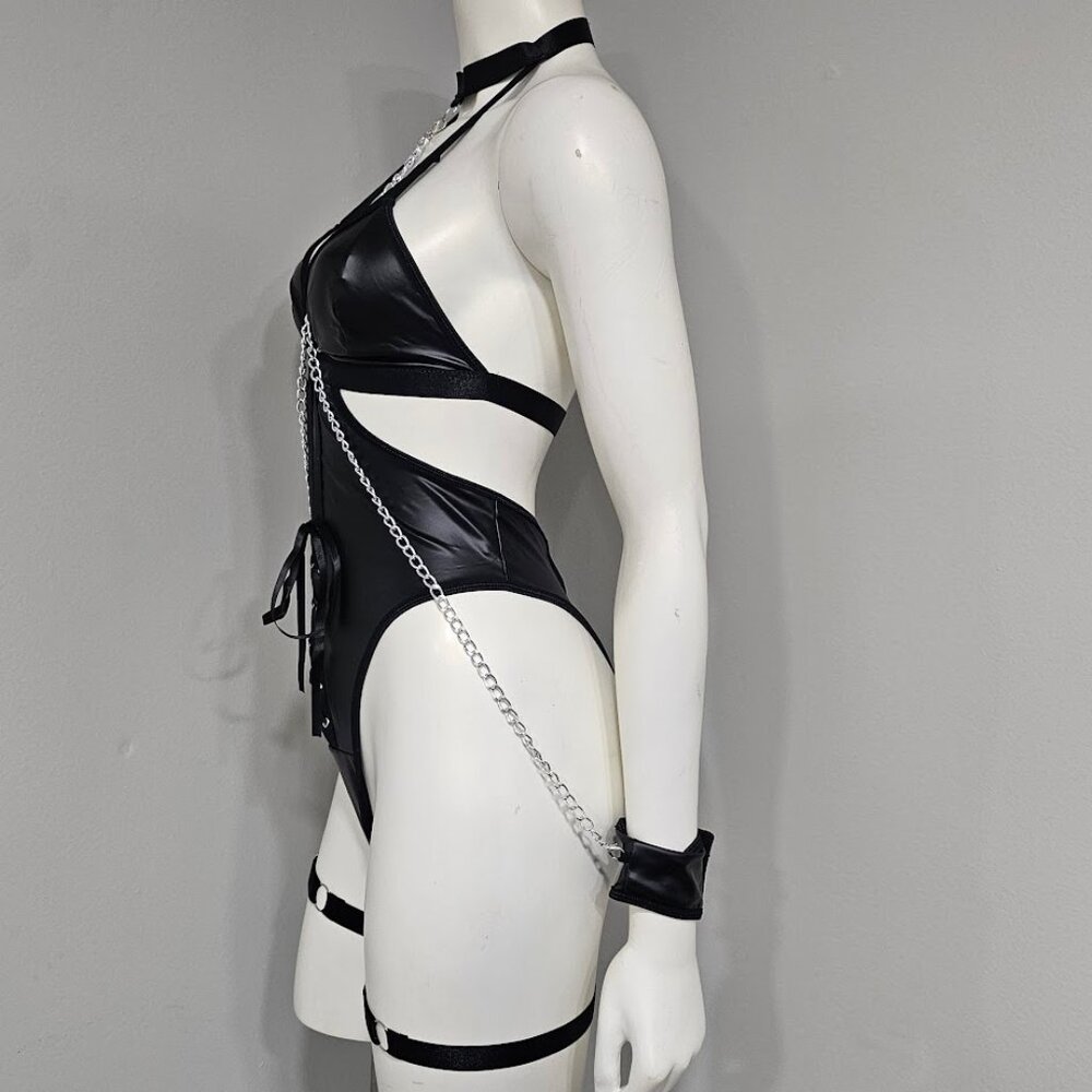 Vegan Leather Bodysuit with Chain and Harness - Picture 3 of 9